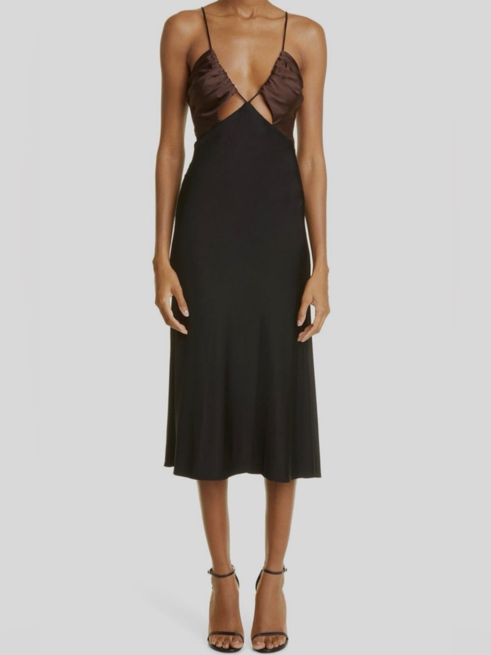 Et Ochs Black Satin Midi Dress with Brown Satin Detail